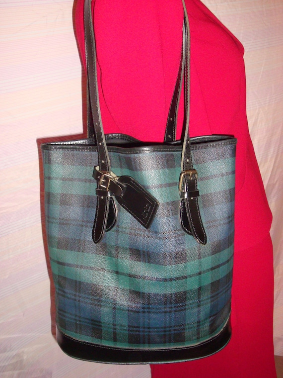 Classic Polo Ralph Lauren Black Watch Tartan Plaid Canvas Bucket Tote w/Adjustable Buckled Leather Straps