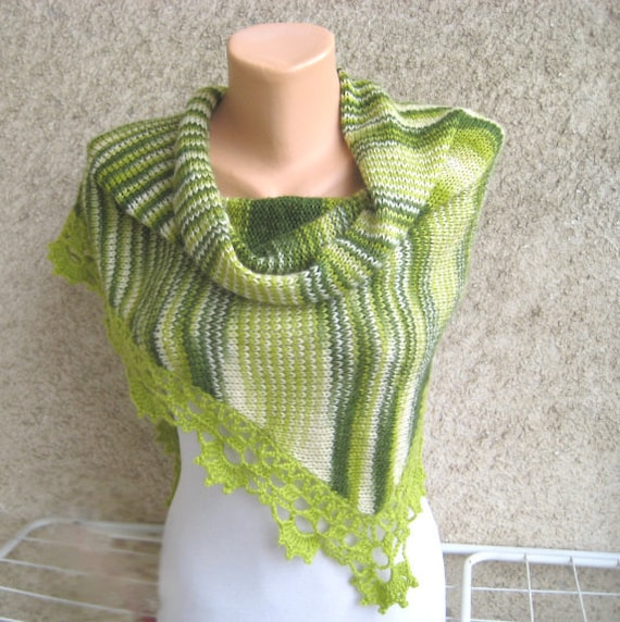 ON SALE Lace Knit Shawl Mohair Triangular Crochet lace trim Green Scarf Capelet Wrap Wearable art Fluffy Handmade by Dimana
