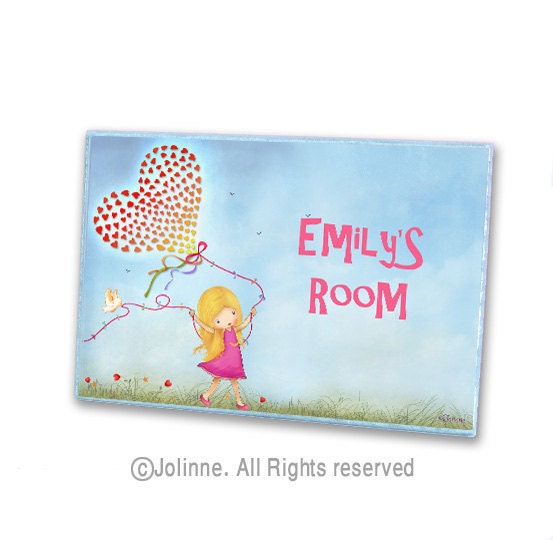 Personalized children door sign for kids room , nursery decor, customized name , girl with hearts balloon
