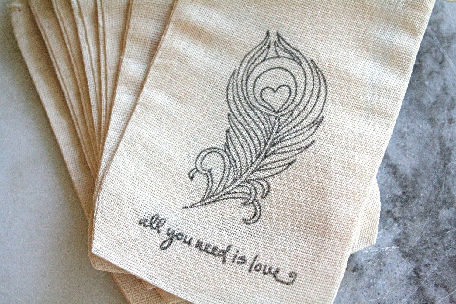 Wedding favor bags, muslin, 3x5. Set of 100.  Peacock feather, All You Need Is Love, black on natural muslin.