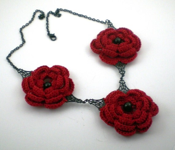 Crochet Rose Necklace Red Black Bib Valentine