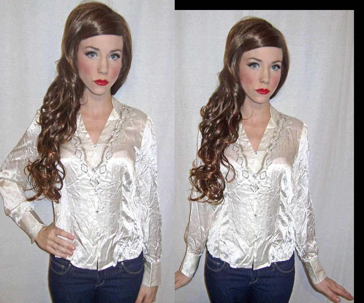 Womens Vintage 80s Ivory Deep V Western BEADED SILK Blouse S