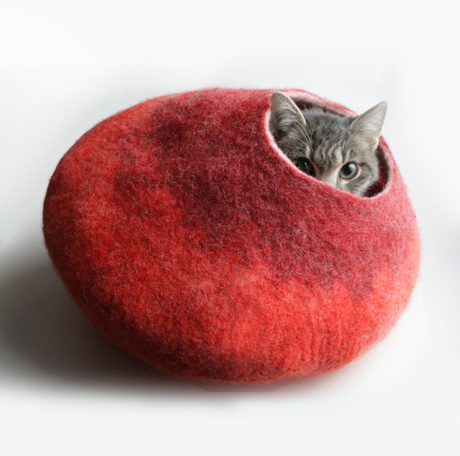 Warm Orange Red Bubble - Hand Felted Wool Cat Bed / Vessel - Crisp Contemporary Design