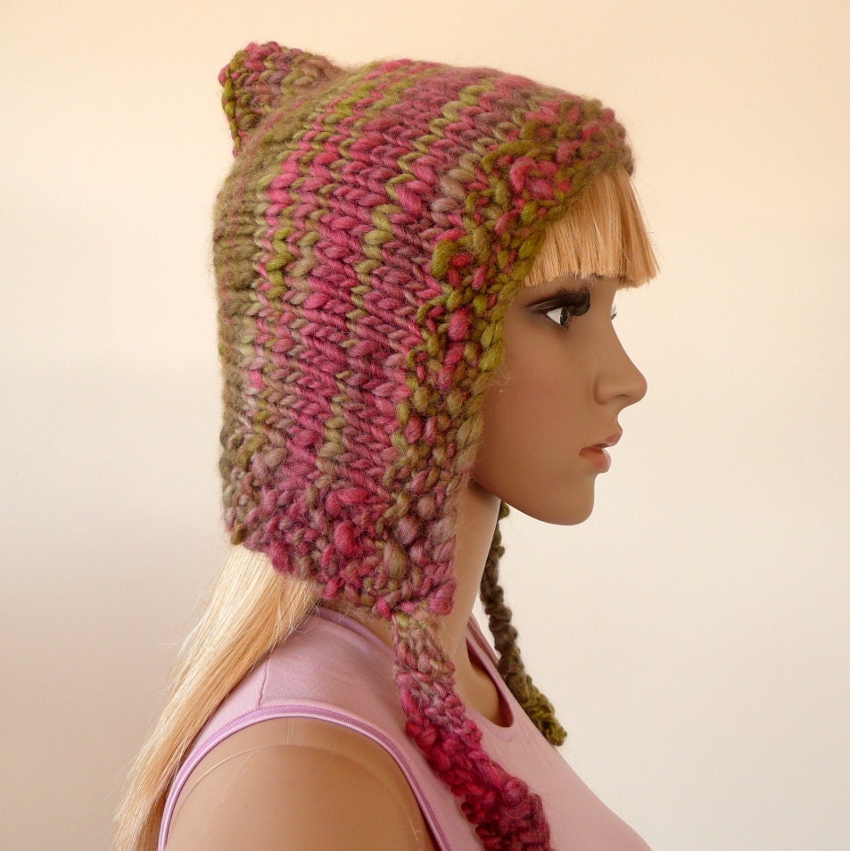 Winter knit hat - pink and green - hand knit in Italian wool blend - hood hat