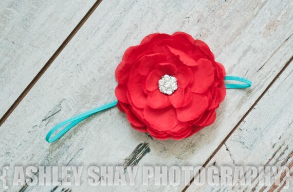 NEW - Large Red Silk Flower on a Skinny Turquoise Stretch Headband - Valentine's, 4th of July, Summer, Spring, Birthday