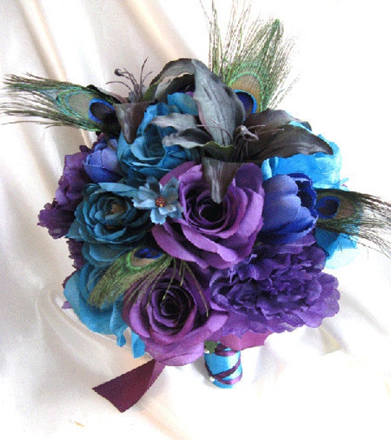 Wedding bouquet Bridal Silk flowers Peacock PURPLE TURQUOISE LILY 17 pc 