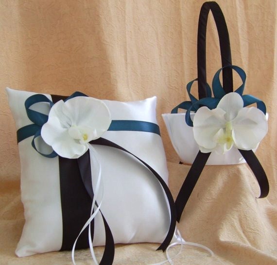 Black and Teal Wedding Accessory Flower Girl Basket and Ring Bearer Pillow 