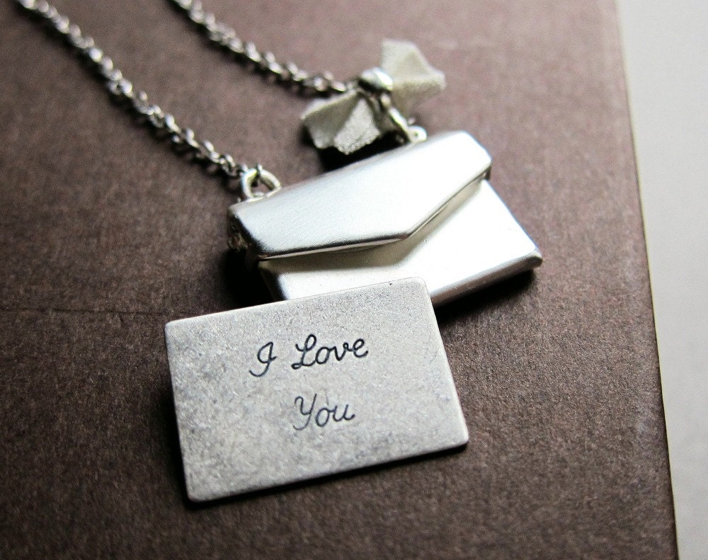 Shiny silver envelope locket necklace, I love you note, dainty bow, romantic necklace