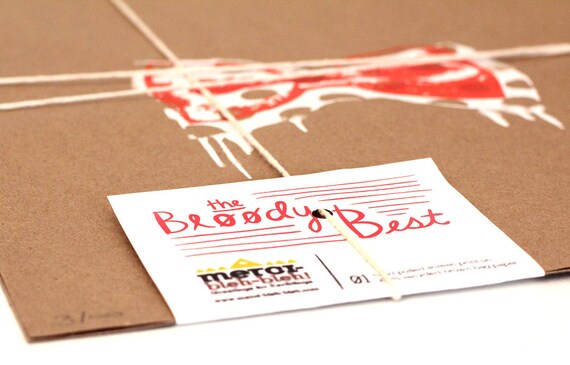 Minimal screenprint. Red and white drippy polka dot bow tie on Kraft paper. 11 x 17.