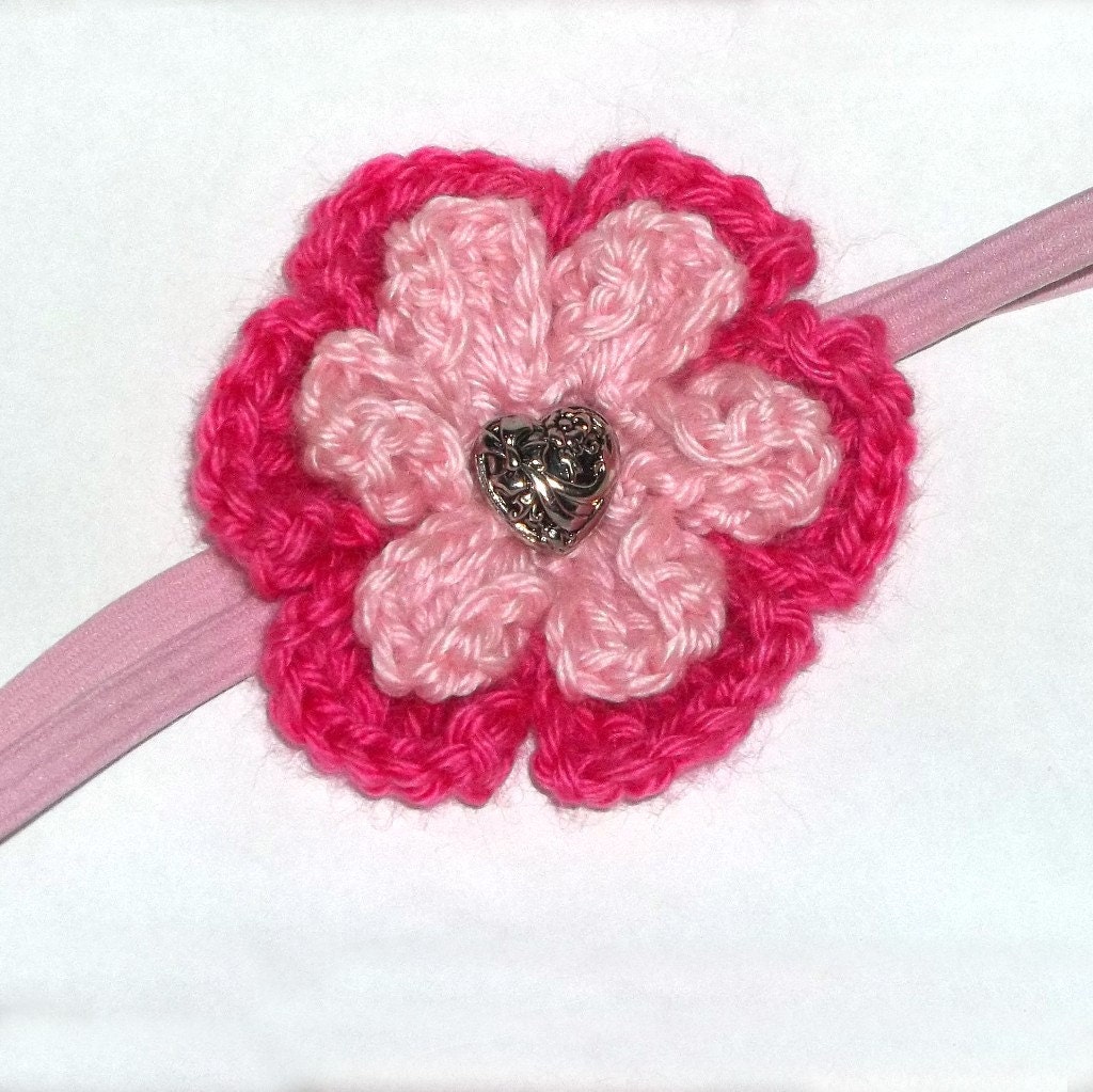 Headband Crocheted Pink Flower Heart Center