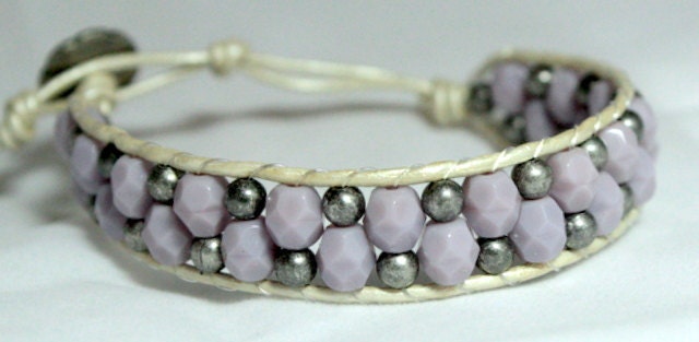 Beaded leather wrap bracelet with opaque lavender czech glass beads, chan luu style, moms gift, mothers day jewelry