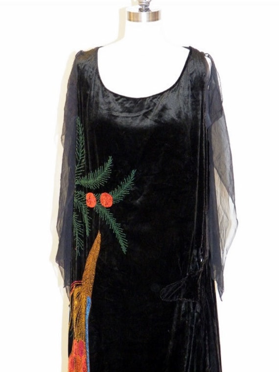 1920s 20s Flapper Dress, Black Velvet Vibrant Art Deco Beaded Peacock Formal Evening Gown, Silk Chiffon Wings, Old Hollywood, Awesome