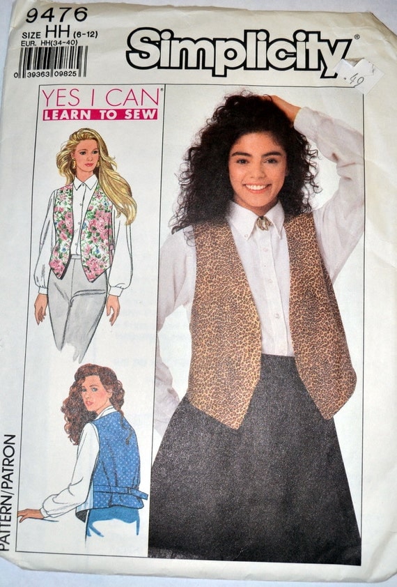 Sewing Pattern Simplicity 9476 Vest Learn to Sew  Size 6 to 12 Bust 30 to 34 Complete