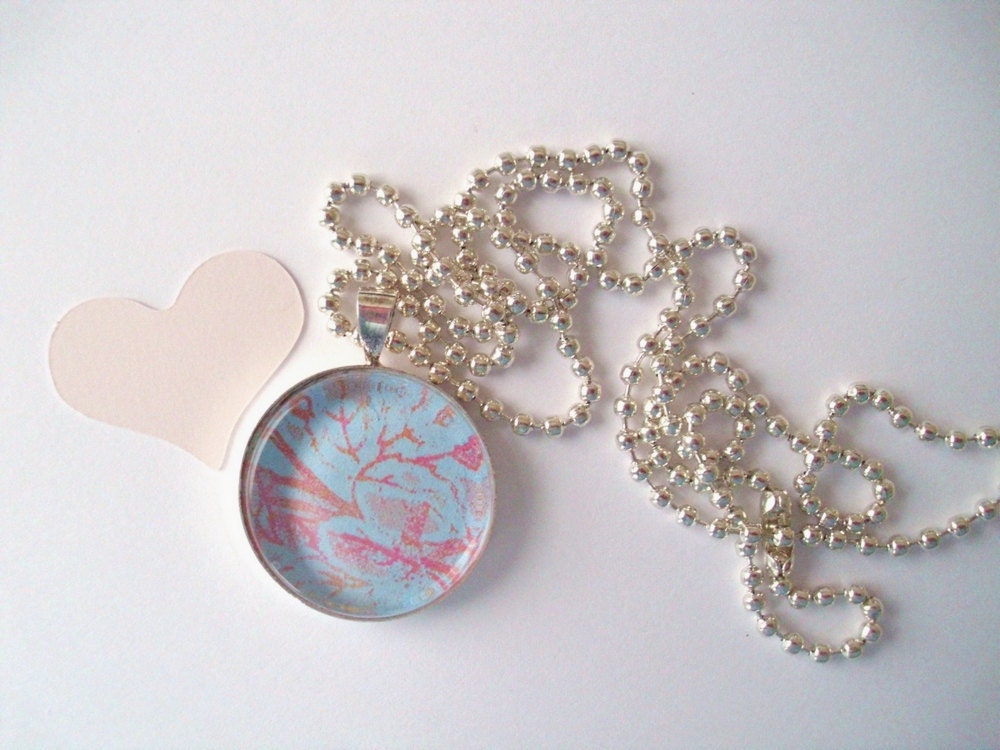 Glass Tile Pendant, Blue Abstract w/ Cabaret fuchsia and Tangerine tango - chain included