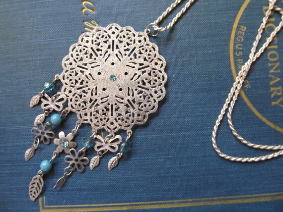 Silver and Blue Modern Dream Catcher Necklace - Free Shipping