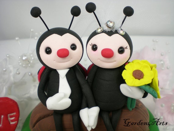 Red Wing Ladybug Love Wedding Cake Topper HAND HOLD HAND with Sweet Log and