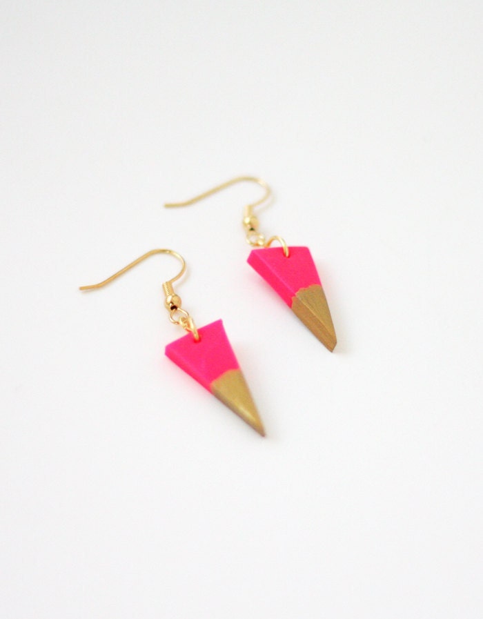 hot pink gold dipped triangle earrings