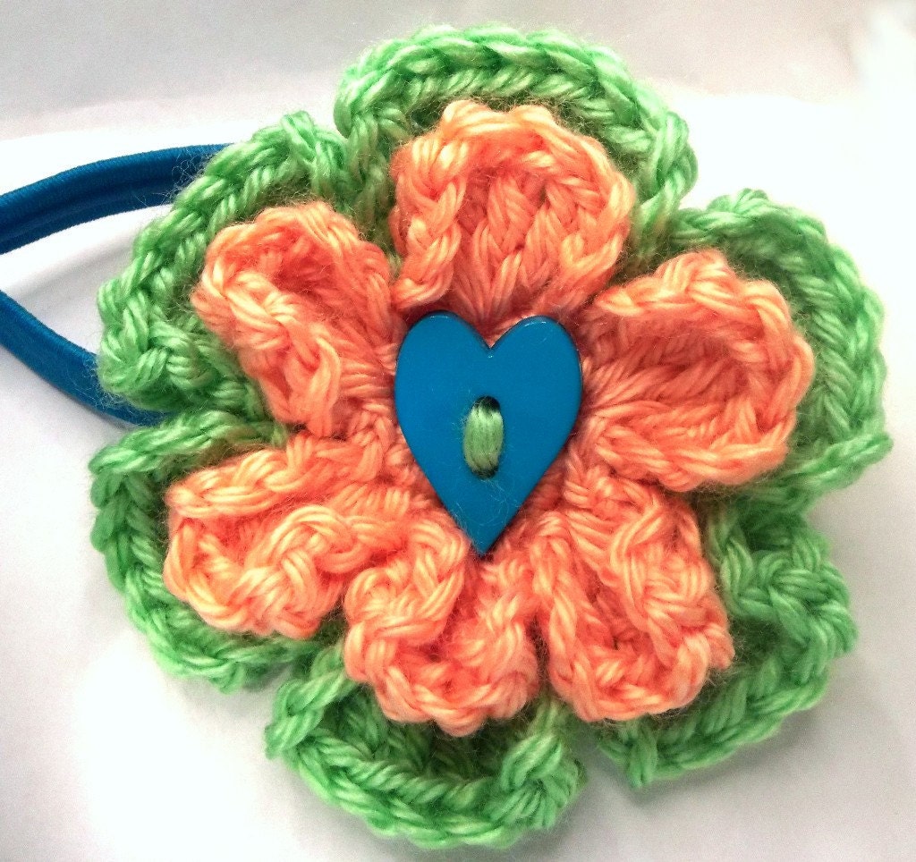 Headband Elastic Teal, Green, Orange Flower with Heart