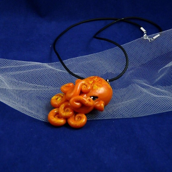Orange Octopus Necklace - Polymer Clay Fashion Jewelry