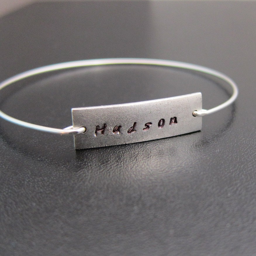 Personalized Custom Name Bangle Bracelet, Silver Name Bracelet, Custom Hand Stamped, Personalized Name Jewelry, Custom Family Name Bracelet