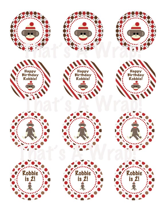 Boy Sock Monkey Birthday Party Baby Shower Personalized DIY Printable Cupcake Toppers