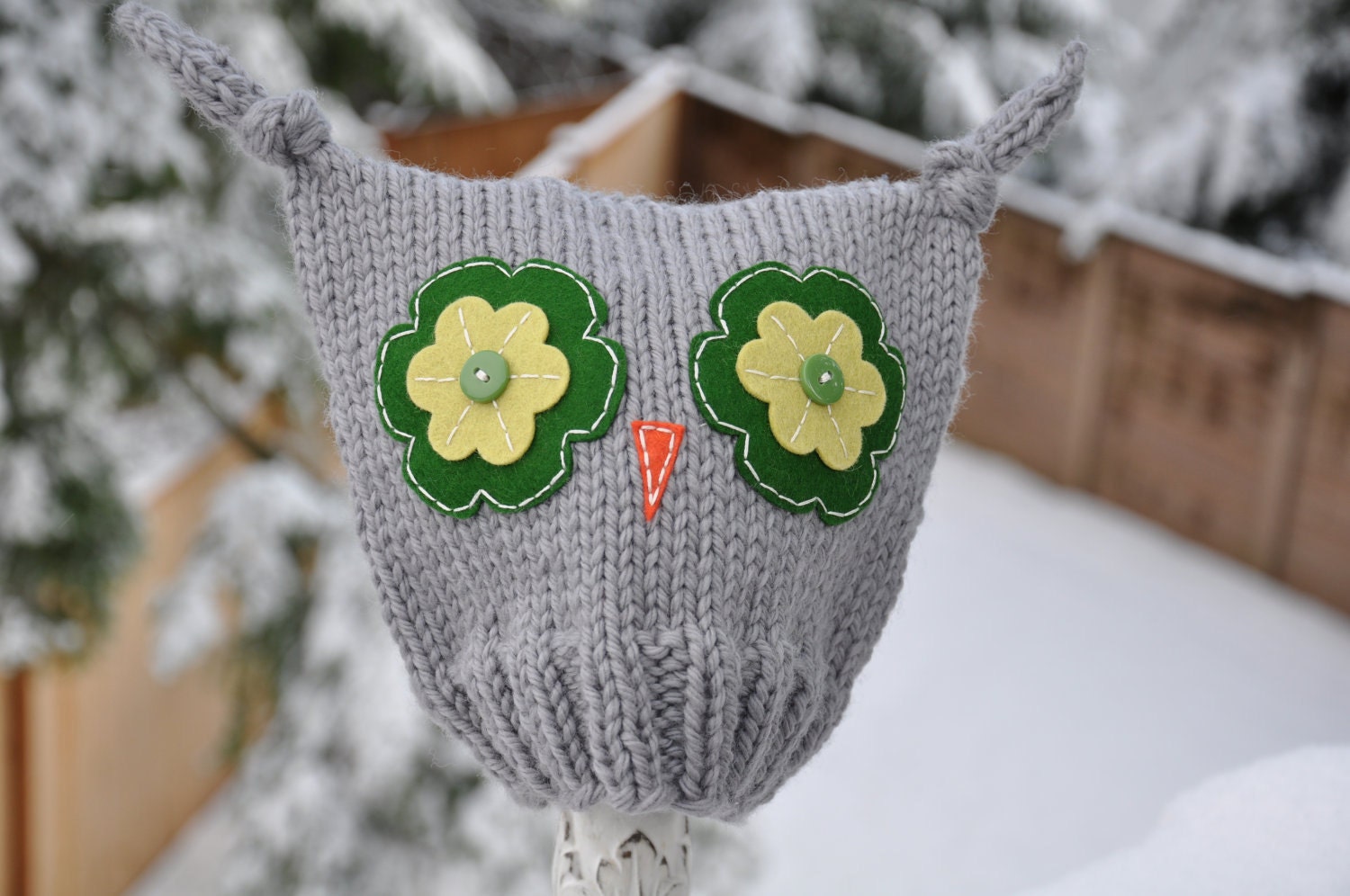 Ollie Owl Hat - Infant Sized, Light Grey with Forest and Yellow Green Eyes