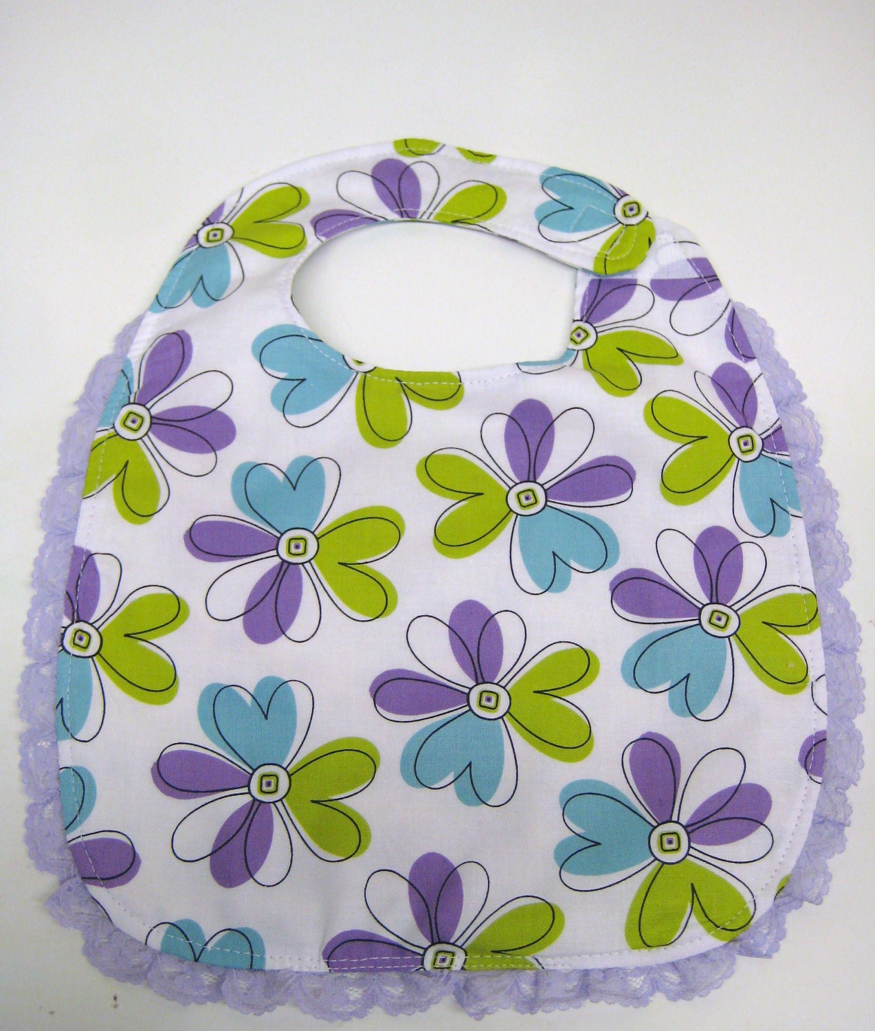 Girl Baby Bib - Spring Flowers and Polka Dots with Lace.  Purple, Green and Blue. Reversible.