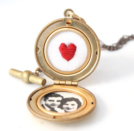 Valentine's Day Vintage Style Red Heart Locket Necklace, hand embroidered, round locket