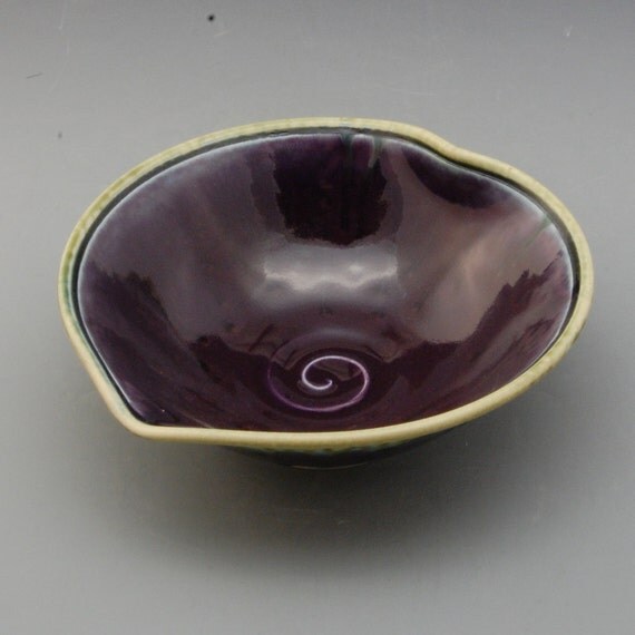 Valentines Heart shaped bowl purple eggplant fern green handmade porcelain by Mark Hudak