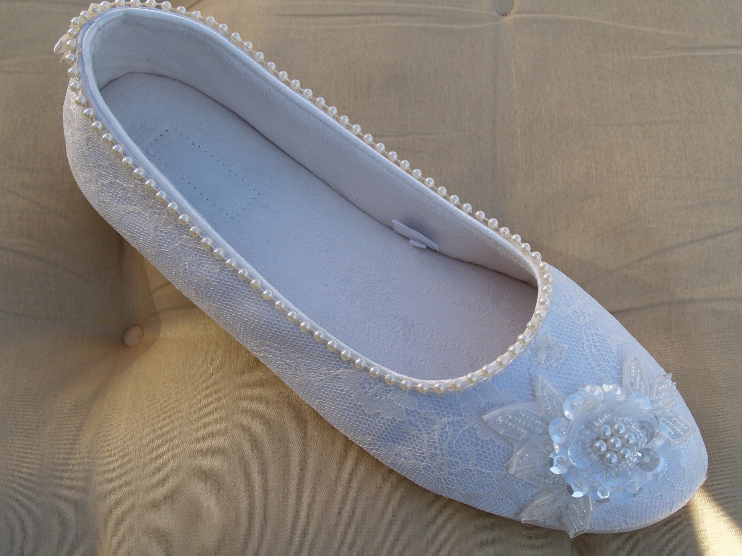 SIZE 9 Bridal Flats Ivory Vegan Shoes Victorian style hand sewn pearls and 