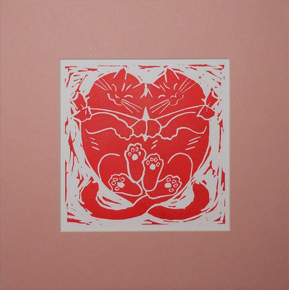 Love Cats snuggle in heart shape for Valentine's Day in this original relief print Love Cats snuggle in heart shape for Valentine's Day in this original relief print