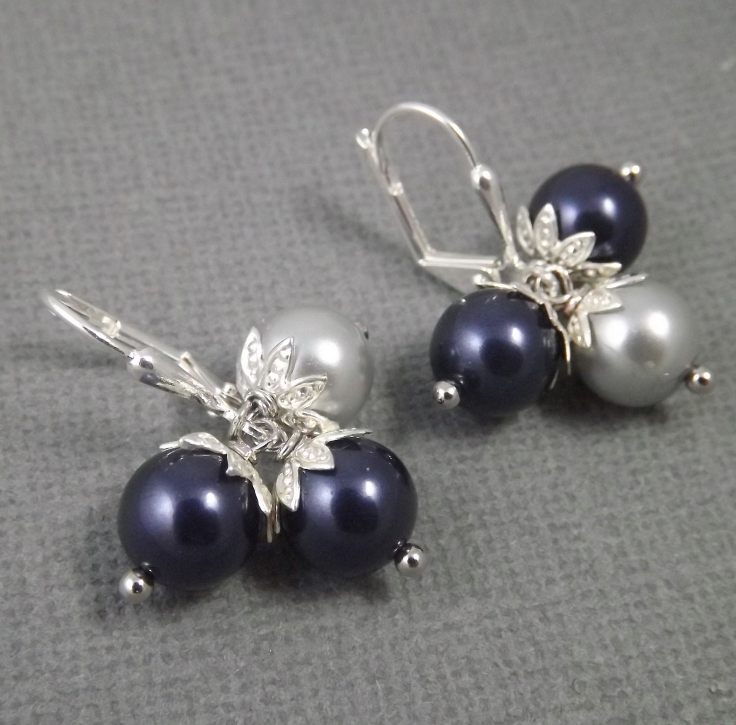 Navy Blue and Gray Pearl Cluster Silver Bridal Earrings From cymbaline84
