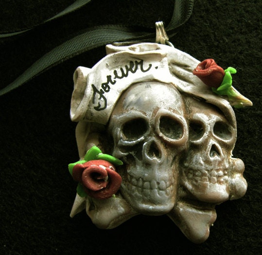 Forever Tattoo Skulls and Banner Pendant on Ribbon Necklace forever tattoo