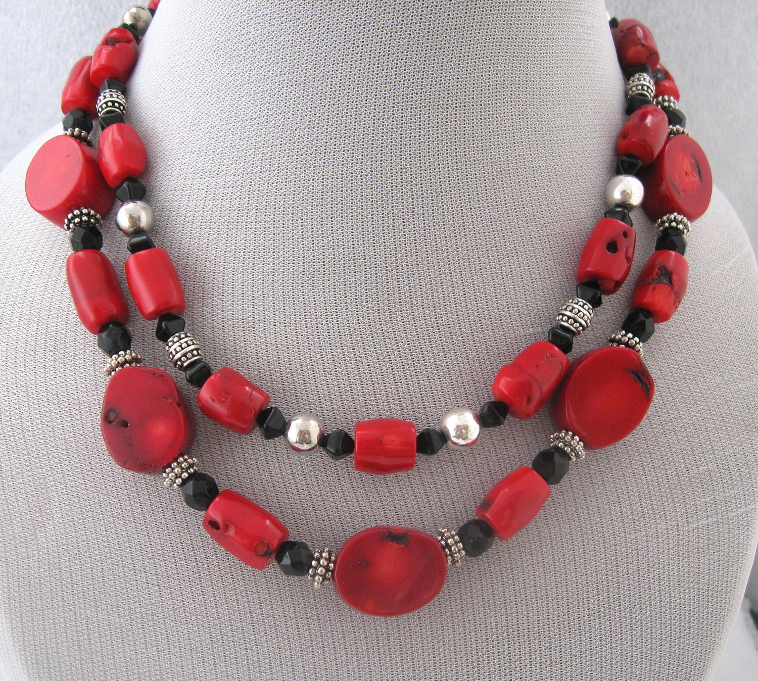 Red Coral Black Crystal Bead Necklace Double Strand
