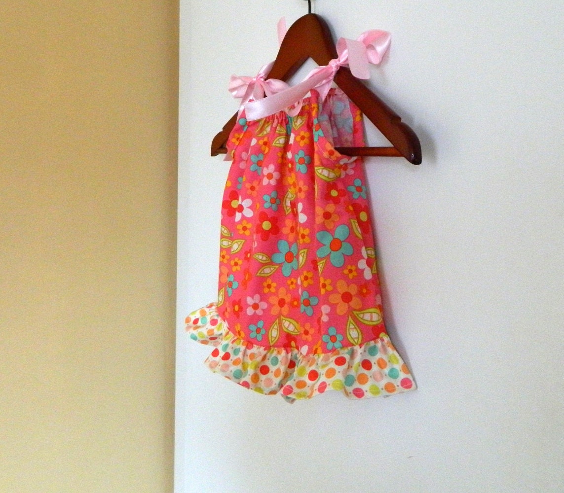 Pillowcase Dress - Pink Flowers & Dots - made to order 0 - 12 months