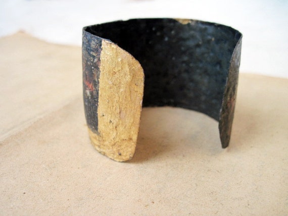 Understanding. Recycled Rustic Tea Tin Cuff Bracelet with Gold Foil.