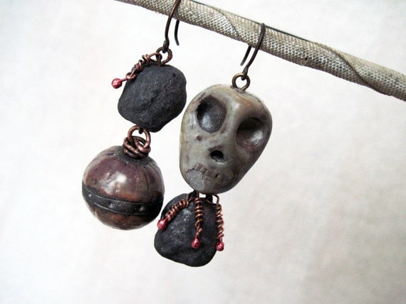Vigesimation. Asymmetrical Dangles with Ceramic Raku Art Beads And Rosy Copper.