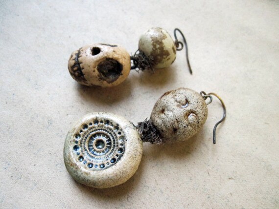 Eccedentesiast. Asymmetrical Dangles with Ceramic Raku Art Beads And Rosy Copper.