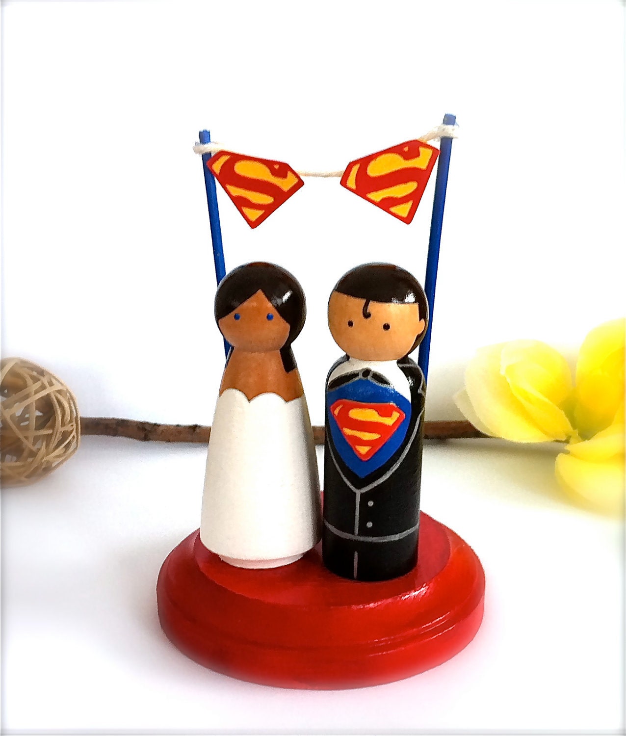 Superman Wedding Cake Topper with Superman Logo Bunting and Red Wood Stand 