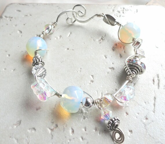 Winter White Lights Opalescent & Dichroic Bead SS Wire Wrapped Bracelet