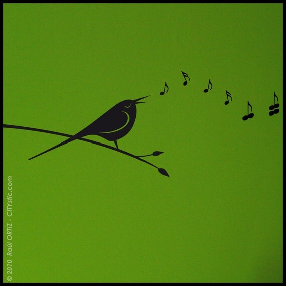 ANIMAL : Bird singing music notes becoming butterflies  - WALL DECAL - Kids, nursery, bedroom