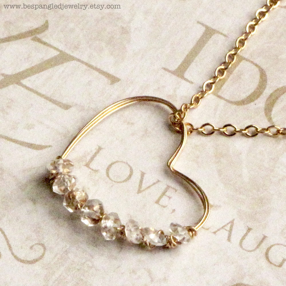 Lovely Bridal Gold Heart Pendant Necklace Gem Encrusted clear quartz, 14k gold fill