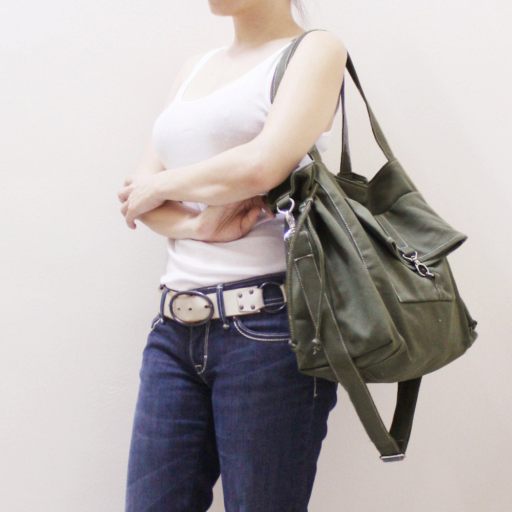 EZ Canvas Bag in Army Green-Double Strap Shoulder Bag / Tote / Cross Body Messenger