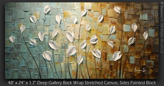 ORIGINAL Large Impasto Landscape Abstract White Tulips Oil Painting Modern Palette Knife Art by Susanna 48x24