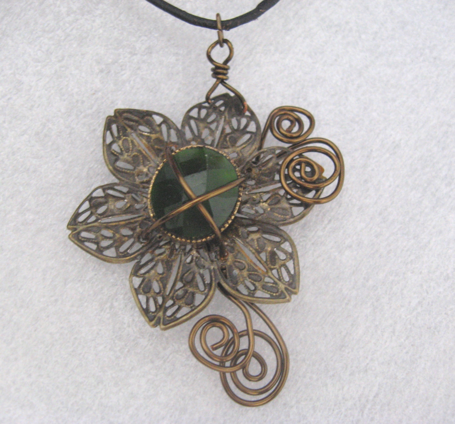Wrapped Flower Pendant Green Glass Cabochon