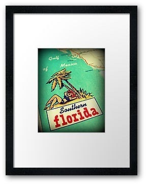 vintage map print SUNSHINE STATE 1960's Florida beach house photo decor Gulf of Mexico travel vacation fun summer art aqua red yellow retro