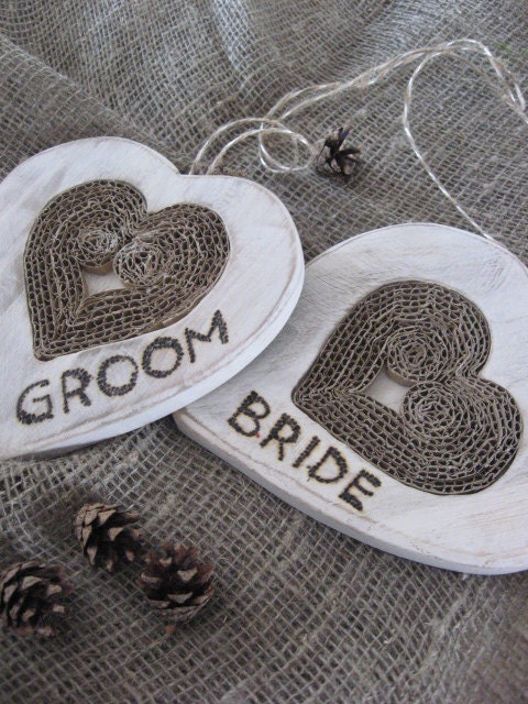 Bride and Groom chair signs photo set of 2 oak love heart wood 