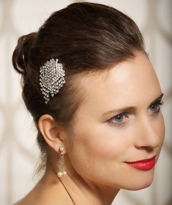 Silver Crystal Headpiece Bridal Hair Comb Peacock Brooch Art Deco Bridal 