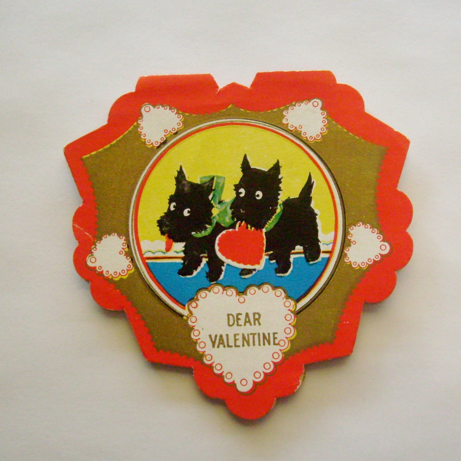 Vintage Valentine's Day Card heart shaped scotty dogs