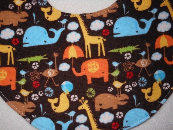 Baby Bibs, four soft layers, reversible, brown with bright critters